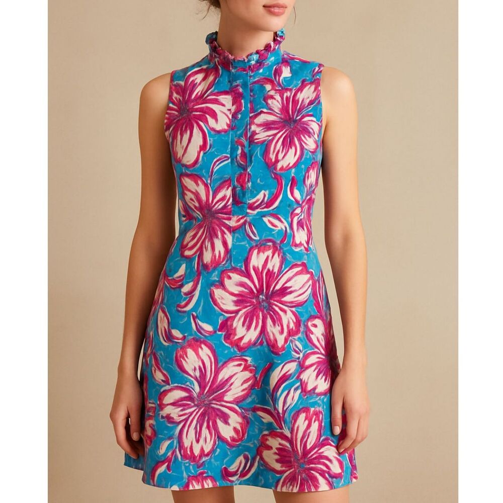 Aryeh Blue Purple Yellow Ruffle Neck Sleeveless Tropical Floral Sundress Medium